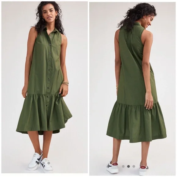 💋Anthropologie Maeve Paola flounce Olive Green Midi Dress - Picture 1 of 11